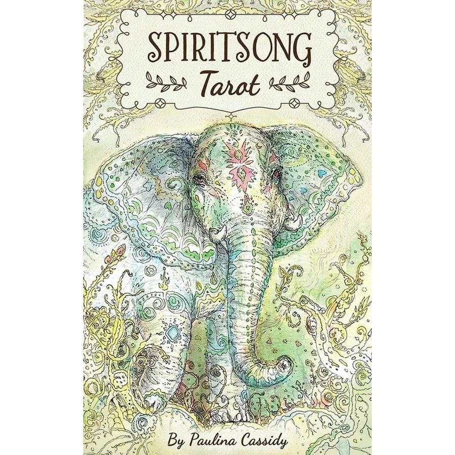 Close-up of Spiritsong Tarot Deck book cover with elephant illustration by Paulina Fae #Q373