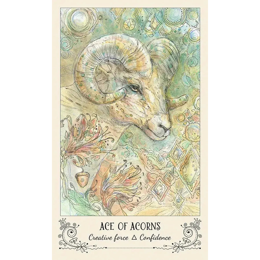 A drawing of a goat with a large horn from the Spiritsong Tarot Deck by Paulina Fae #Q373