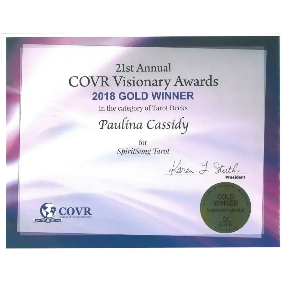 Gold award certificate for Spiritsong Tarot Deck by Paulina Fae displayed on product #Q373