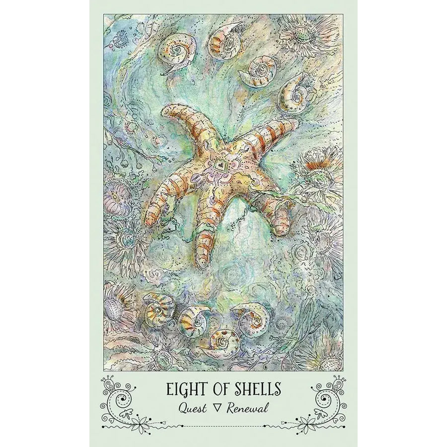 Drawing of a seahorse with starfish from the Spiritsong Tarot Deck by Paulina Fae