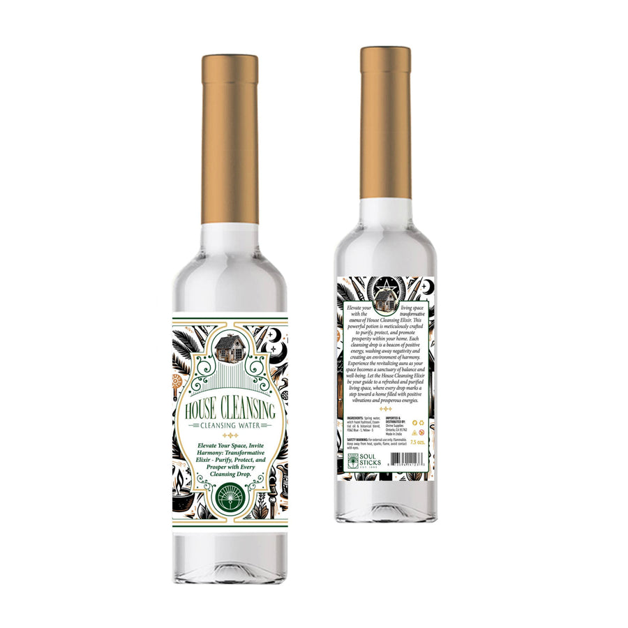 Clear glass bottle with gold cap and ornate black and white label for soul sticks house cleansing water spiritual product
