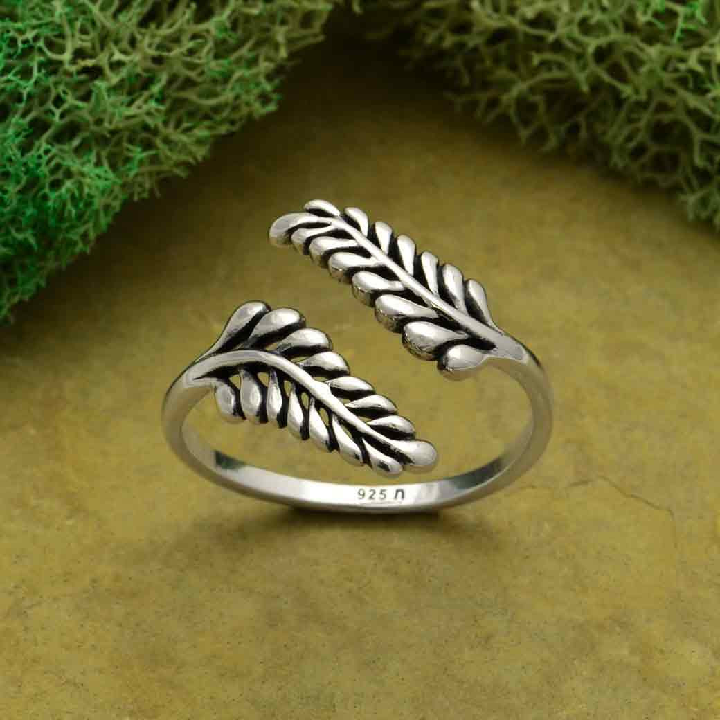 Sprig Leaf Sterling Silver Adjustable Ring #J032 with elegant silver leaves design