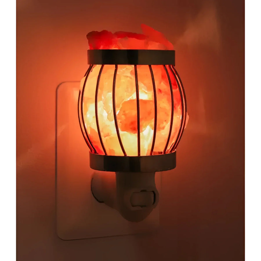Close-up of Himalayan salt lamp in Stainless Steel Basket Night Light #LV3582 on wall mount