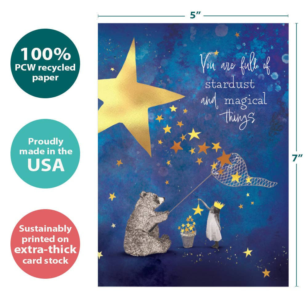 Stardust Bear Birthday Greeting Card #22204 with silver bear and child netting stars