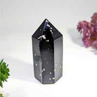 Black galaxy-themed crystal point Stardust Obsidian 2.9 inch generator BC0064