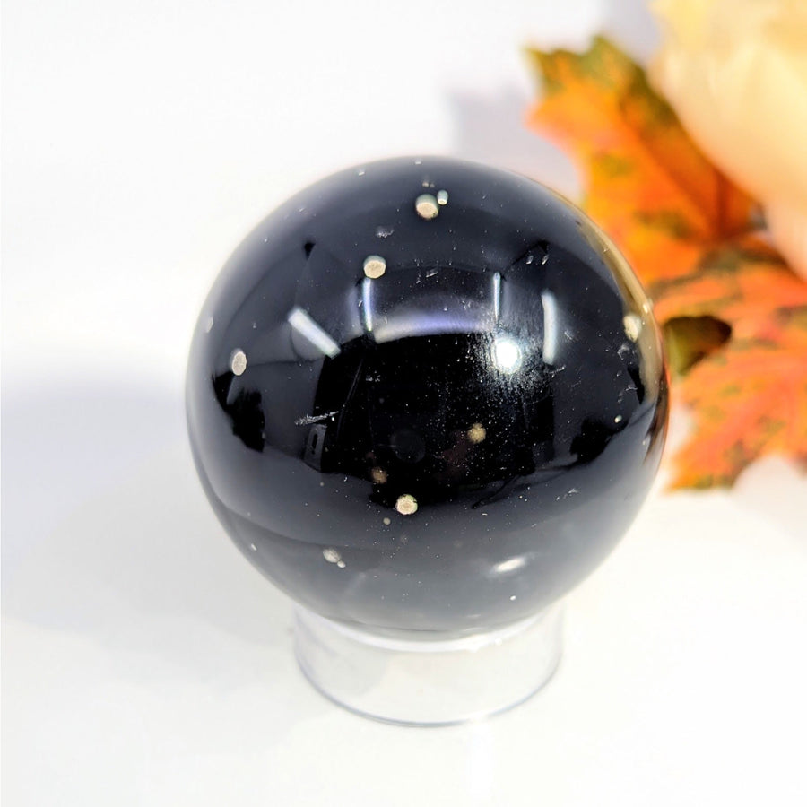 Stardust Obsidian 2-inch black sphere #BC0010 on stand
