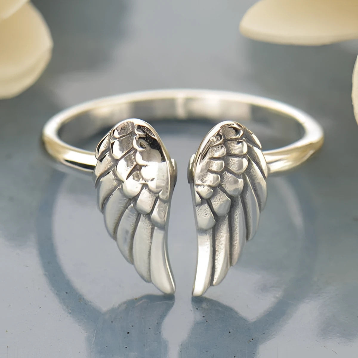 Sterling Silver Adjustable Angel Wing Ring LV9569 with Feathers