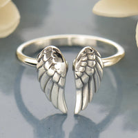 Sterling Silver Adjustable Angel Wing Ring LV9569 with Feathers