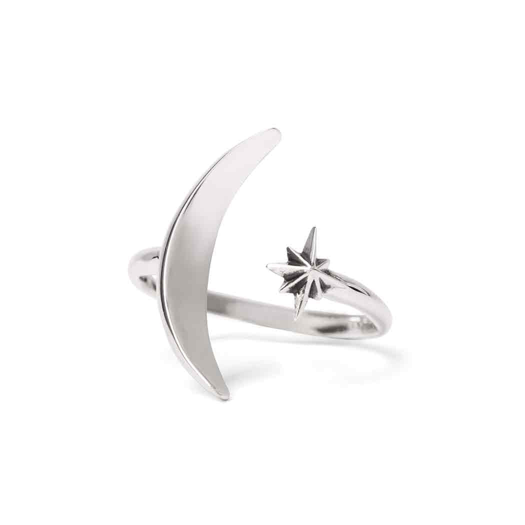 Sterling Silver Adjustable Crescent Moon and Star Ring LV9571