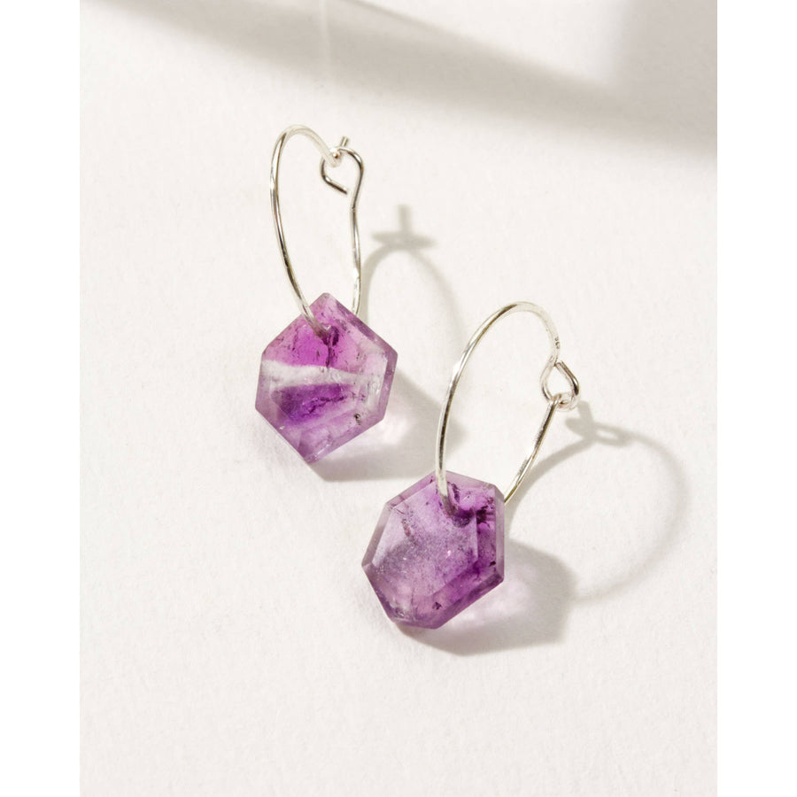Sterling Silver Geometry Mini Hoop Earrings- Amethyst