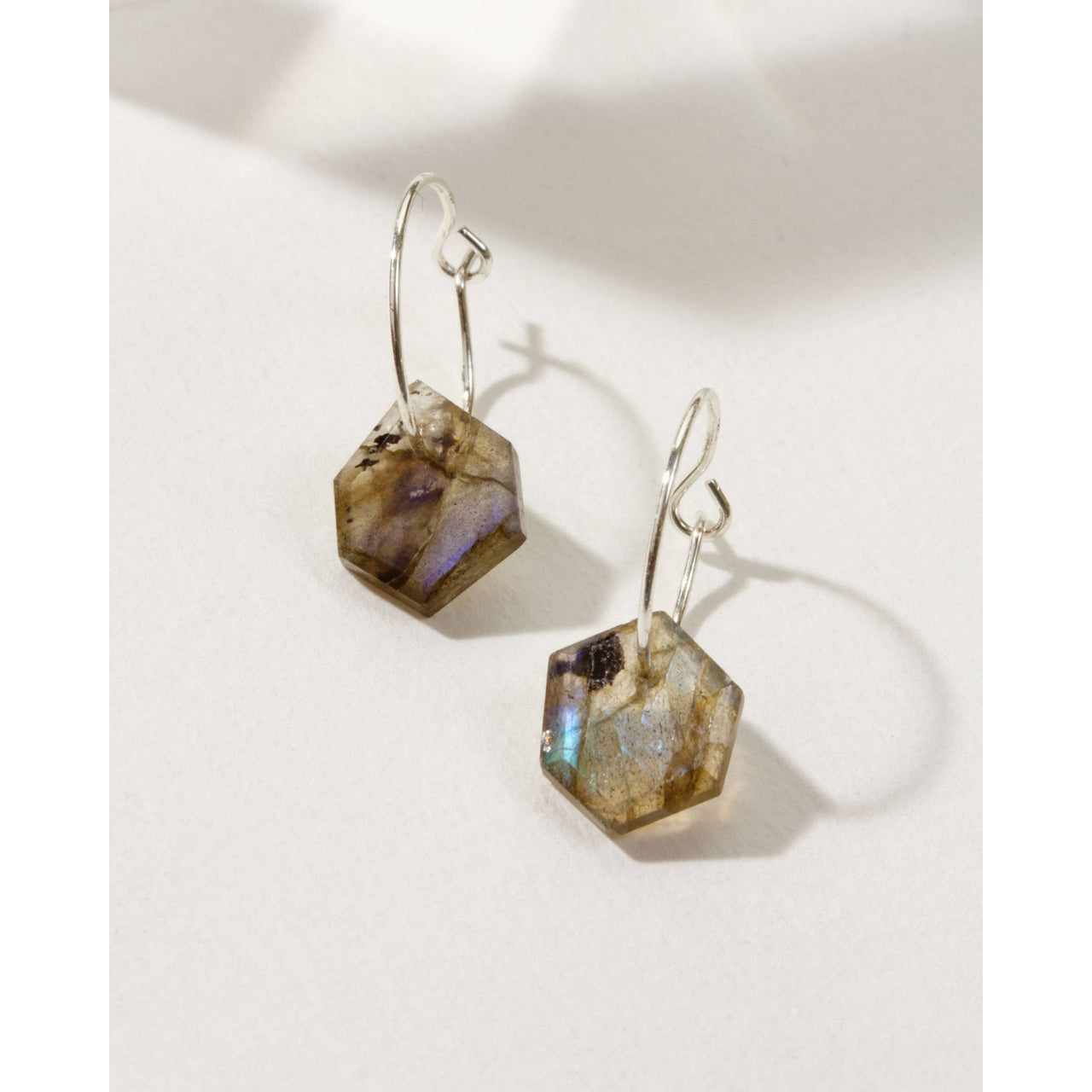 Sterling Silver Geometry Mini Hoop Earrings- Labradorite