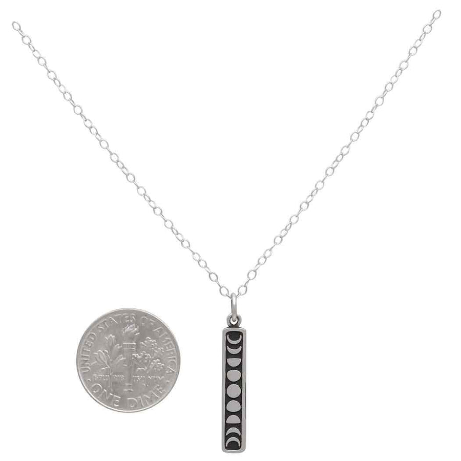 Sterling silver vertical moon phase necklace with black accents LV9574