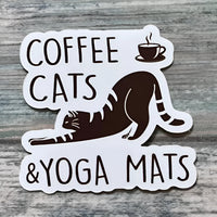 Coffee Cats Yoga Mat Sticker with Brown Cat Design on White Background