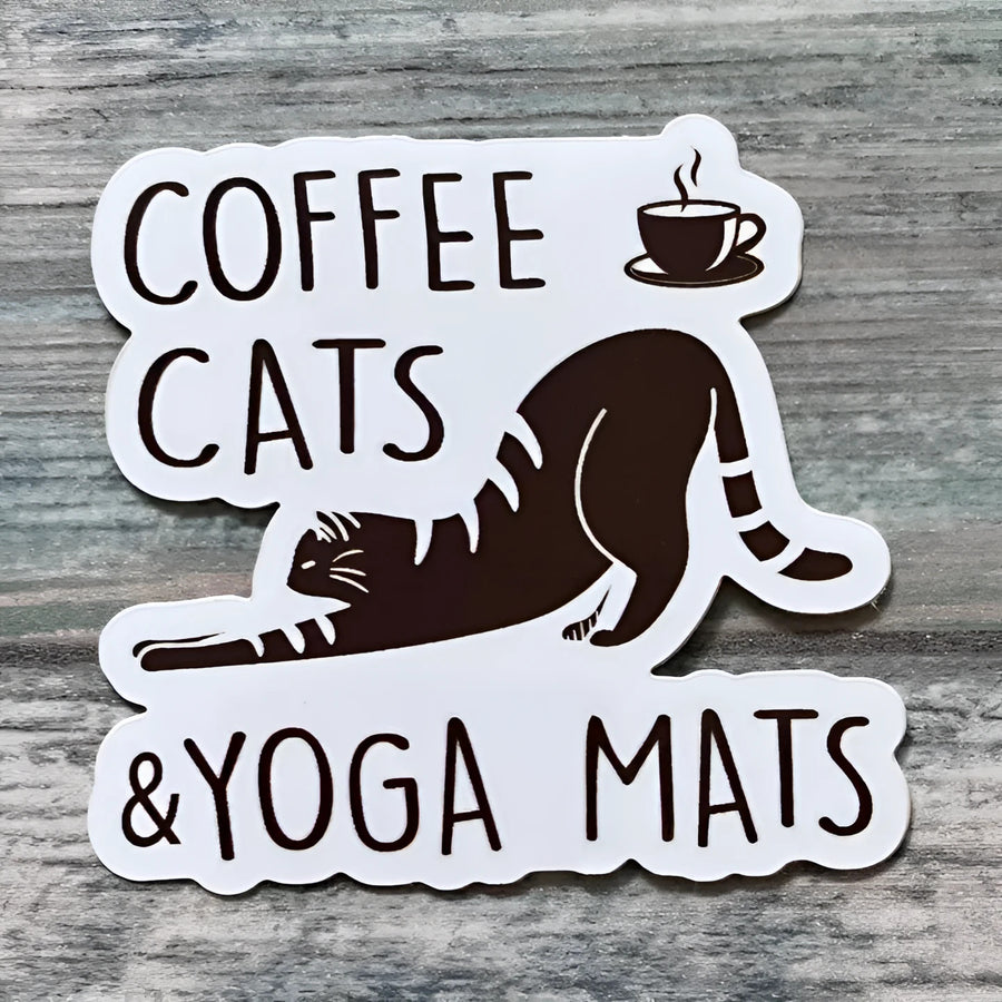Coffee Cats Yoga Mat Sticker with Brown Cat Design on White Background