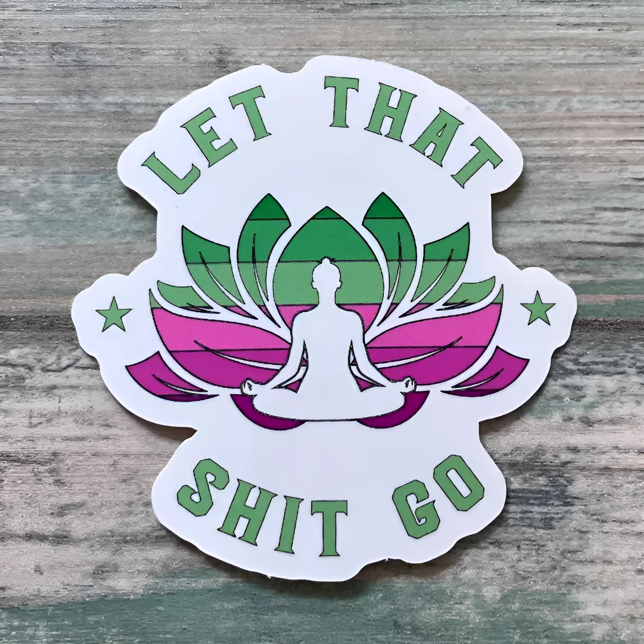 Yoga lotus flower sticker in green and pink on white background LV9073