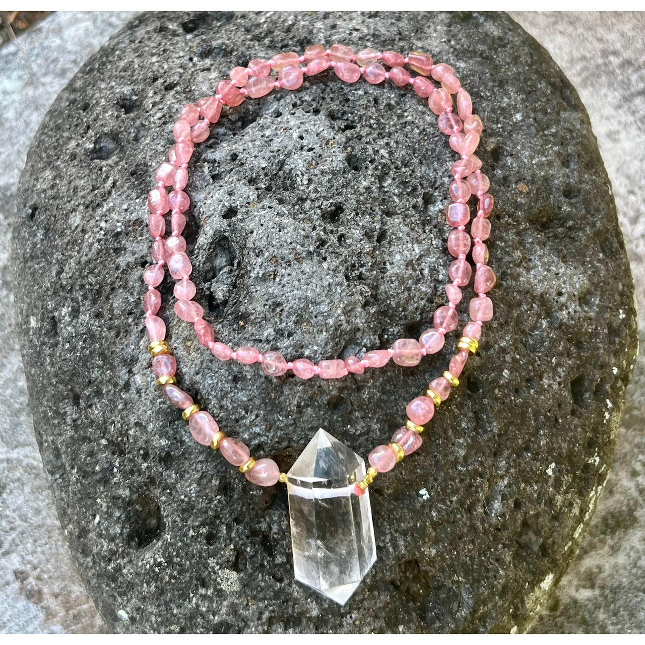 Pink beaded Strawberry Quartz Crystal Mala Bead Necklace with clear crystal pendant