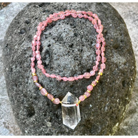 Thumbnail for Pink beaded Strawberry Quartz Crystal Mala Bead Necklace with clear crystal pendant