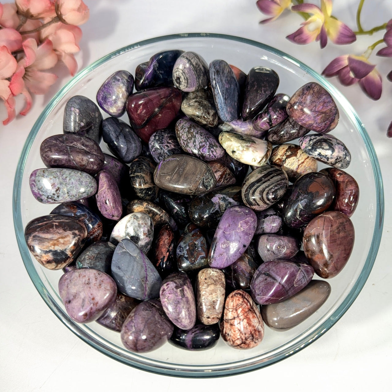 Polished sugilite river stones in purple, black, brown shades, #M031