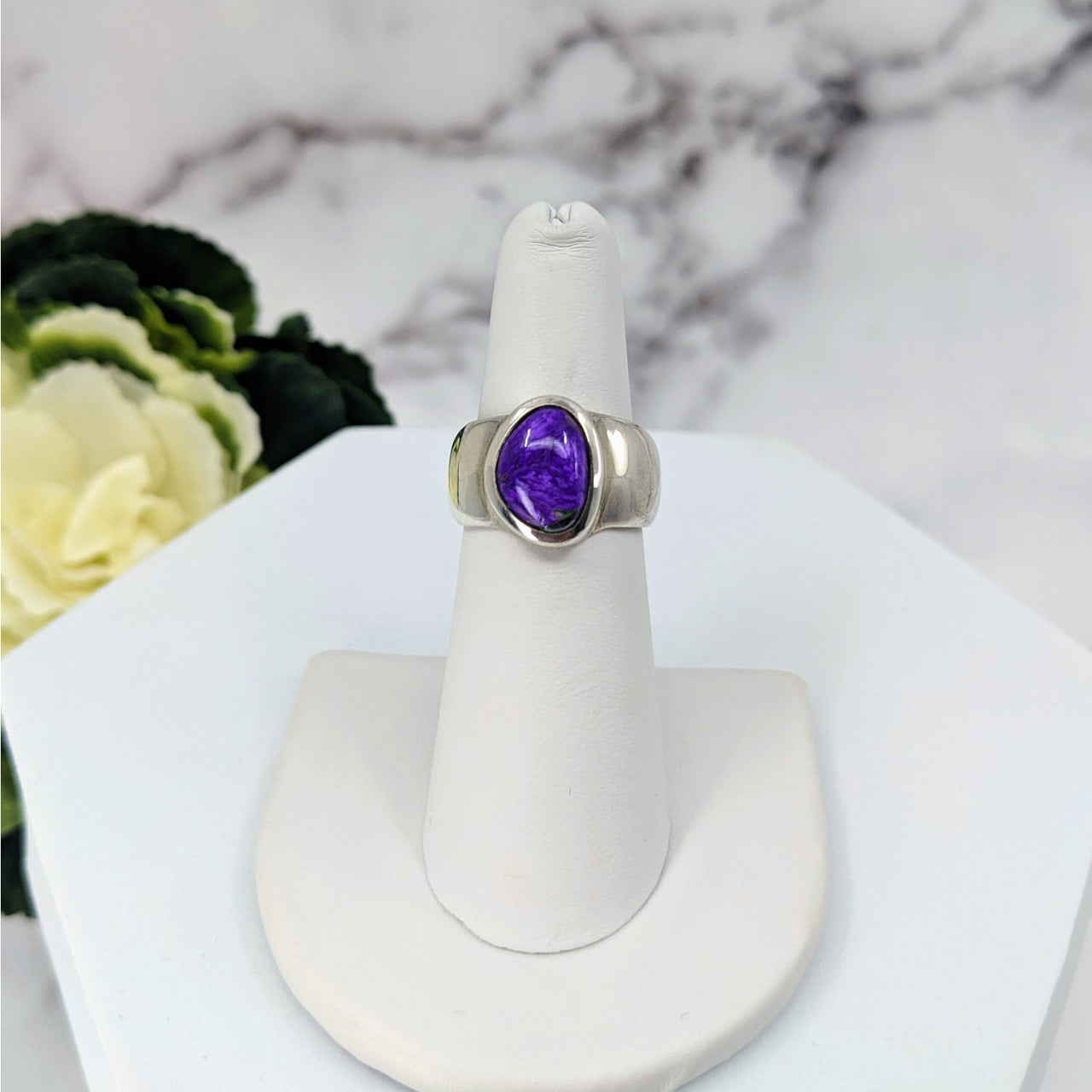 Sugilite Ring Size 5.5 Sterling Silver #LV3403 displayed on a white stand