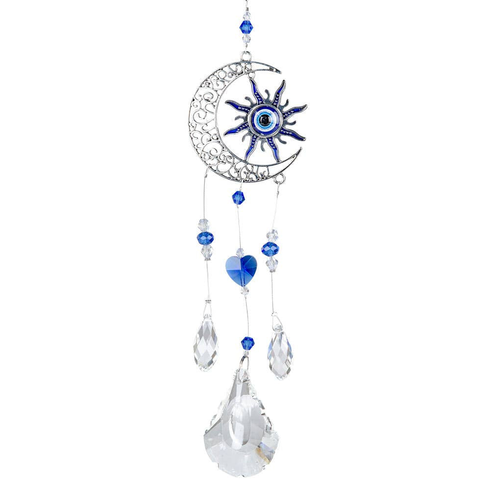 Sun and Moon Evil Eye Suncatcher with silver crescent moon and crystals