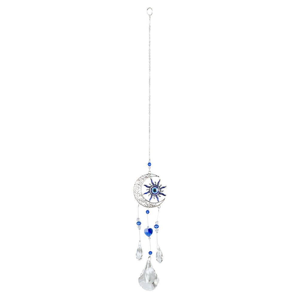 Silver crescent moon and sun wind chime with blue evil eye, beads, crystals #LV9684