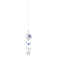 Silver crescent moon and sun wind chime with blue evil eye, beads, crystals #LV9684