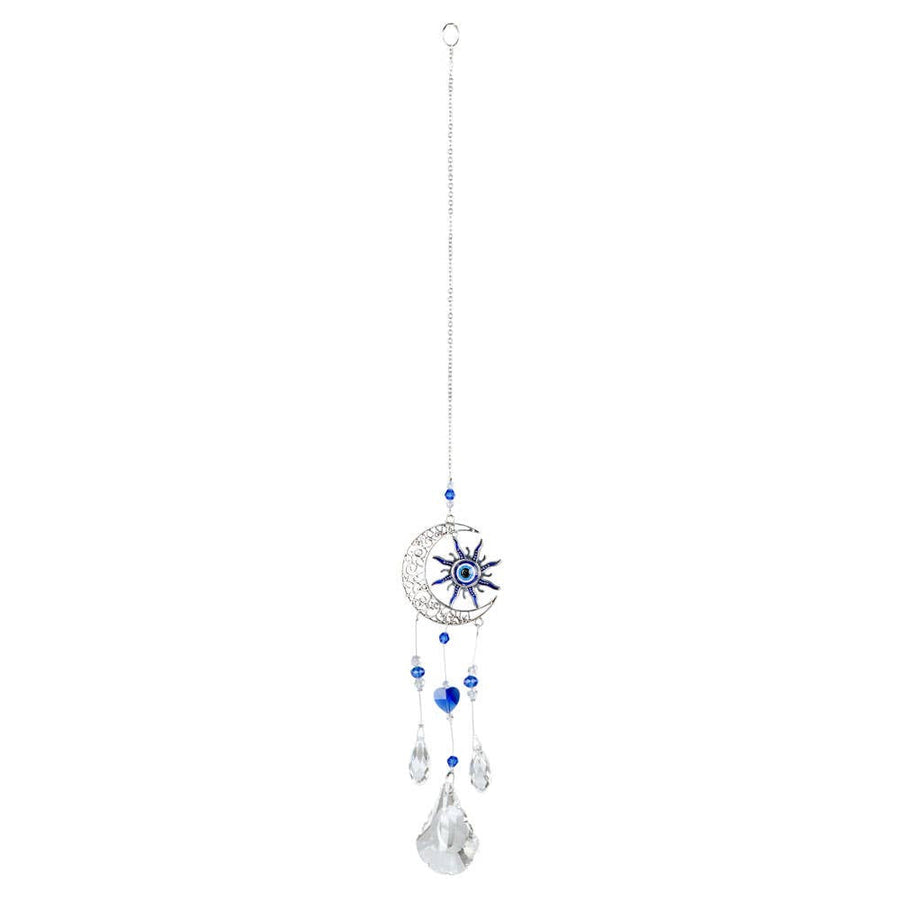 Silver crescent moon and sun wind chime with blue evil eye, beads, crystals #LV9684