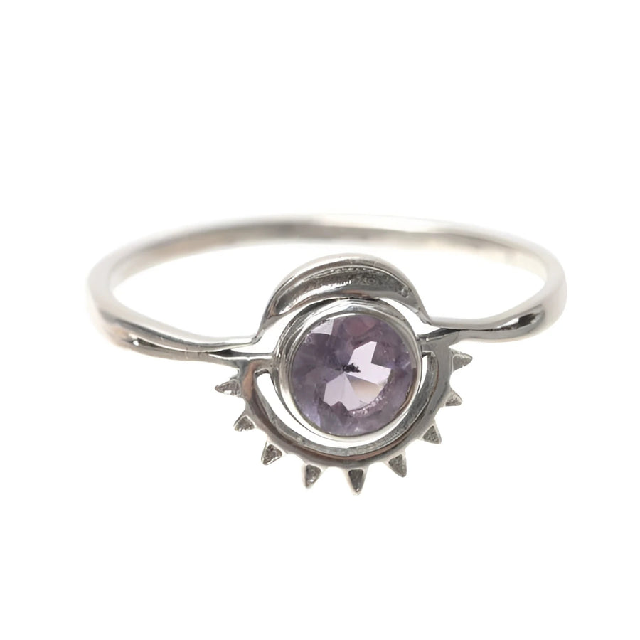 Sun Rays Amethyst Sterling Silver Ring with purple gem eye design