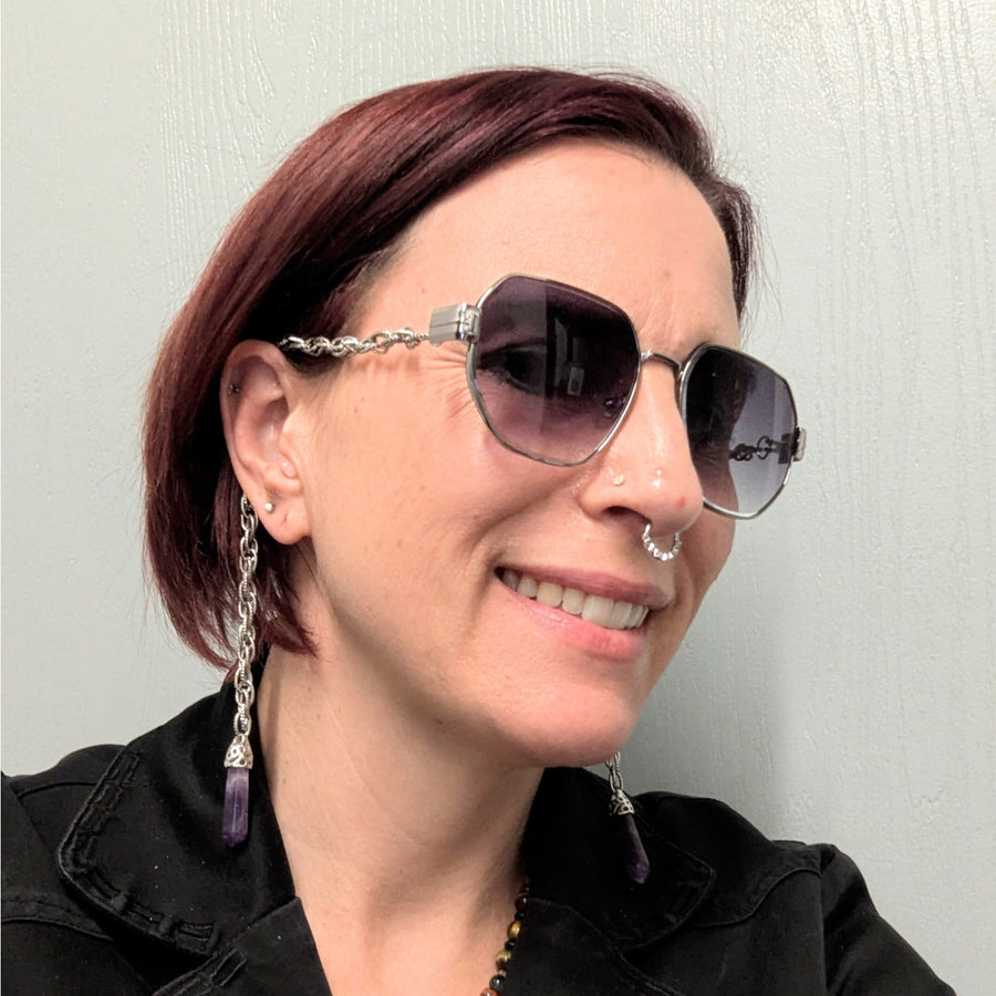 Silver-framed sunglasses with dark gradient lenses, chain-link strap, crystal dangles, 5.5 inches