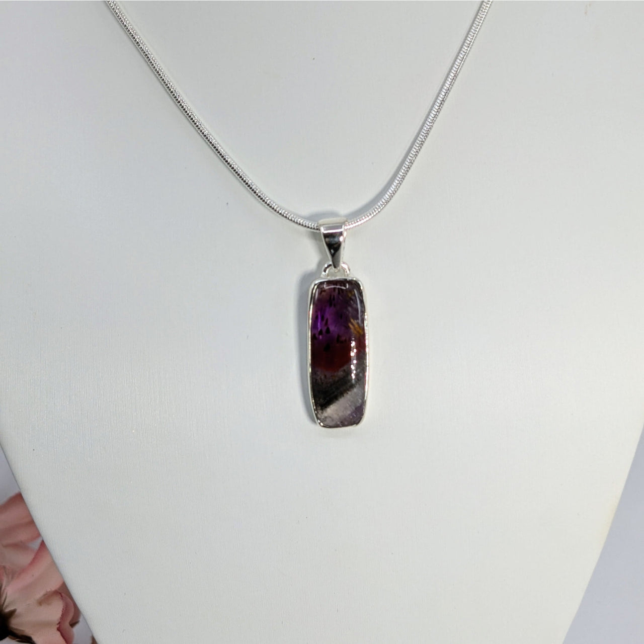 Silver rectangle pendant necklace with purple and white stone, Super 7 design