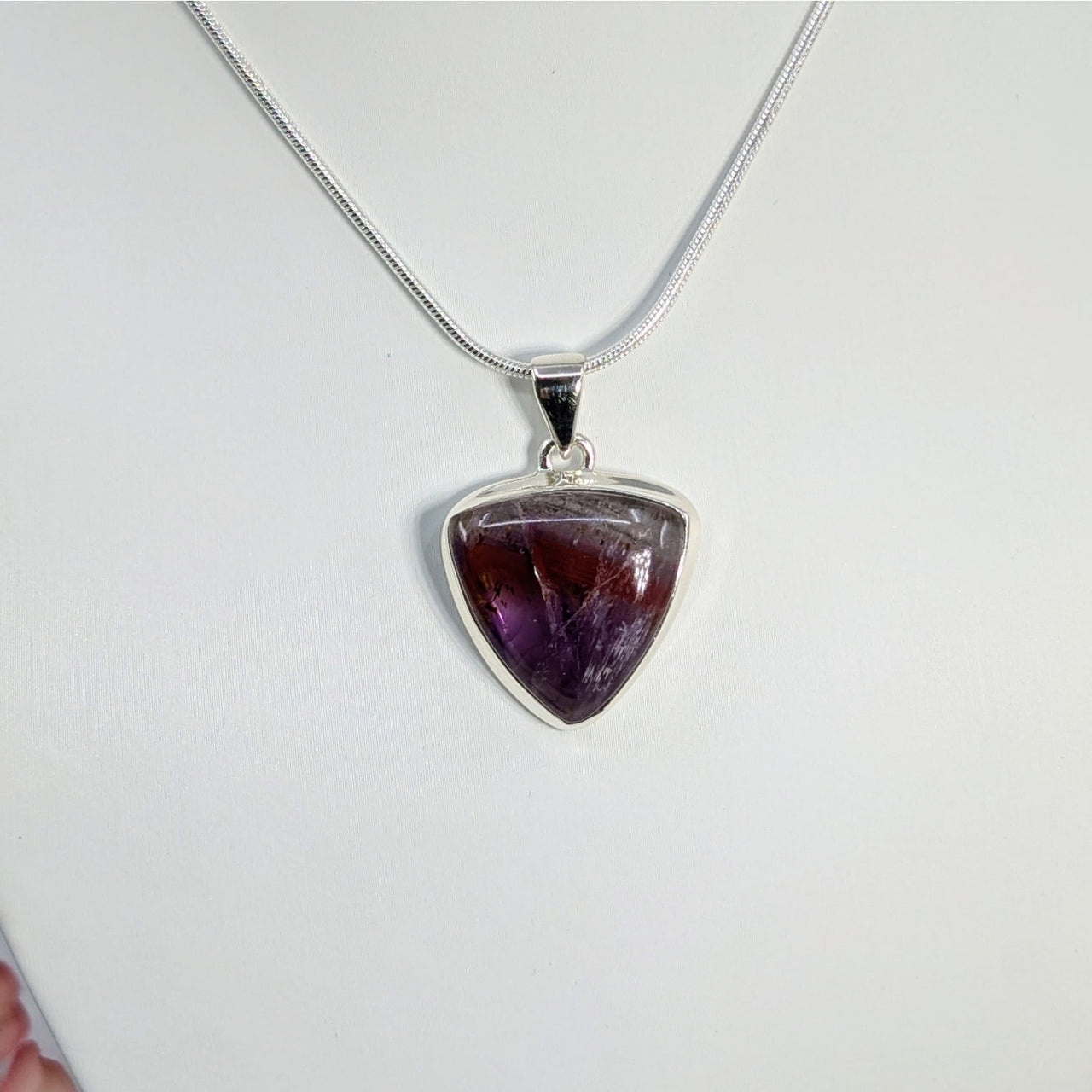 Triangular purple gemstone triangle pendant on silver chain necklace Super 7 #LV6970