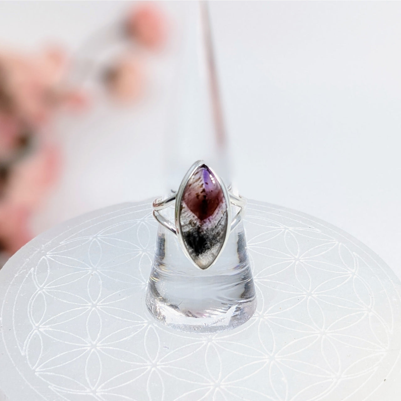 Marquise-shaped Silver Ring with Purple and Black Gemstone - Super 7 Item Tier Benefits