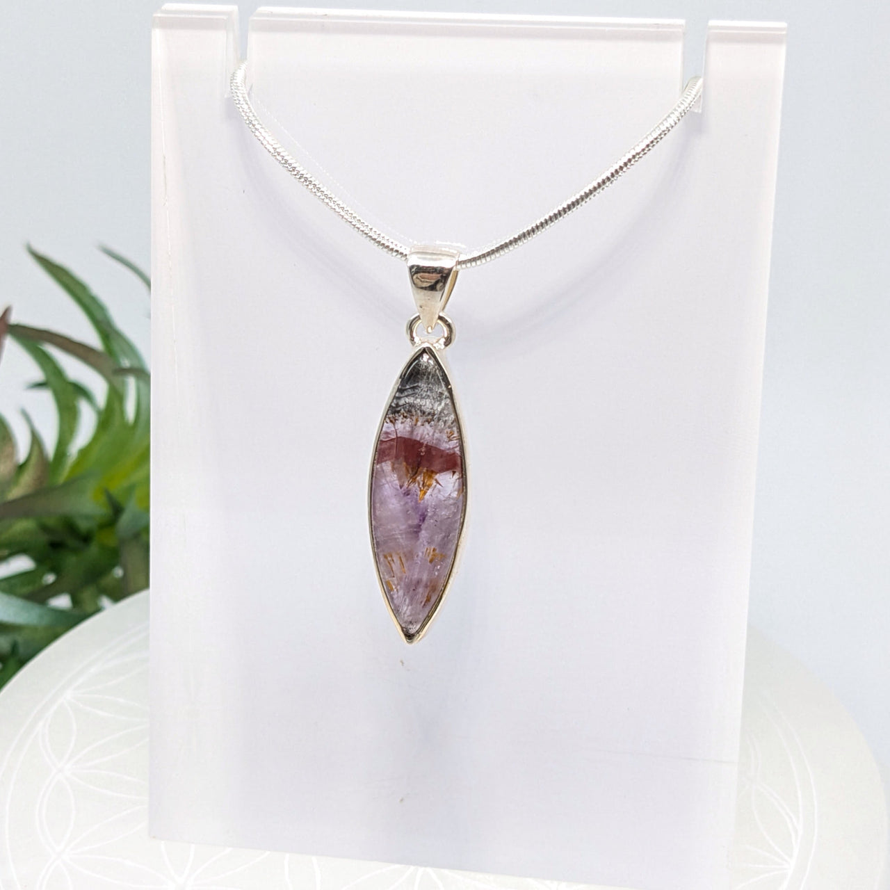 Elongated oval marquis pendant in purple and brown on a silver chain, Super 7 S.S. #LV7053