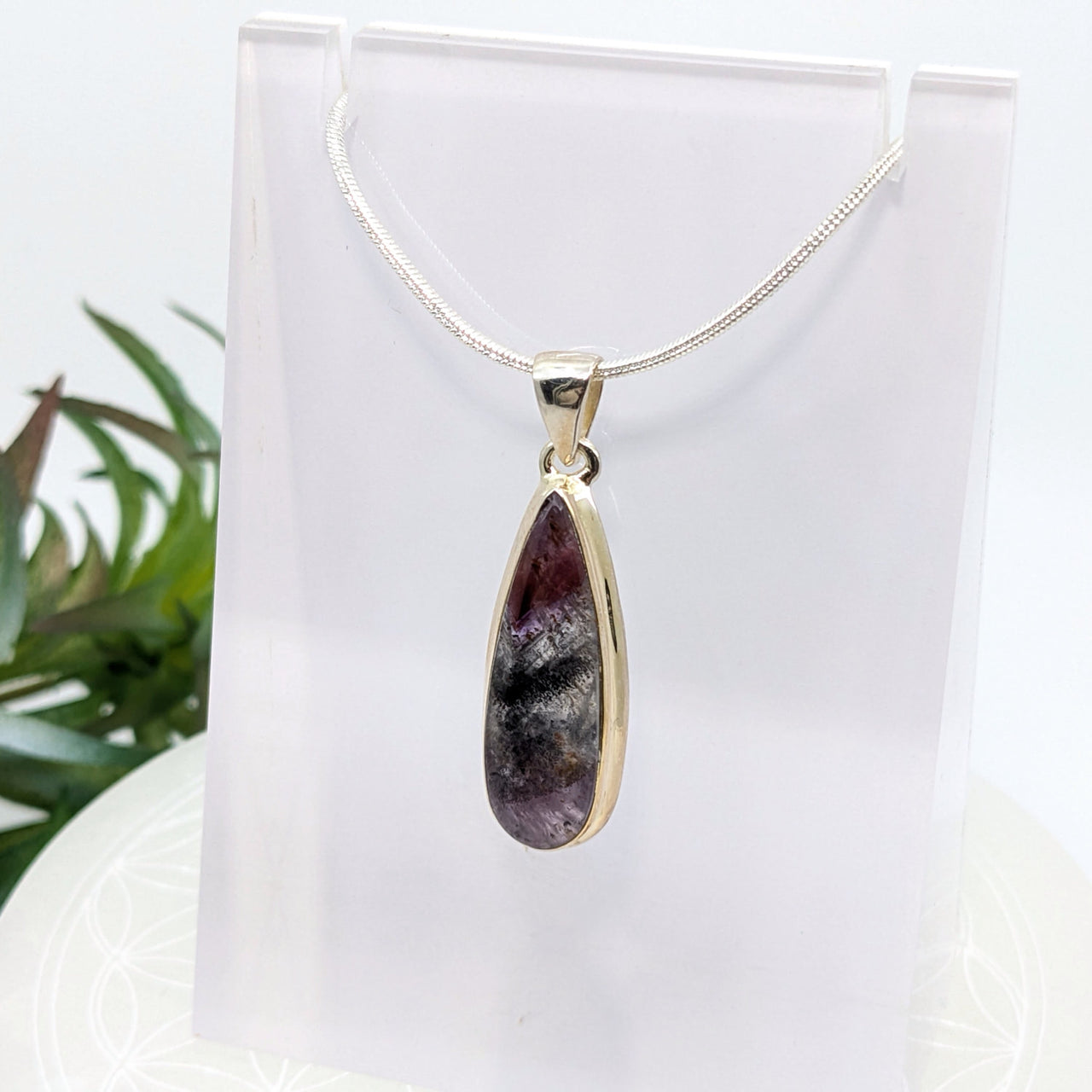 Teardrop pendant featuring purple and black gemstone on silver chain, Super 7 S.S. #LV7054