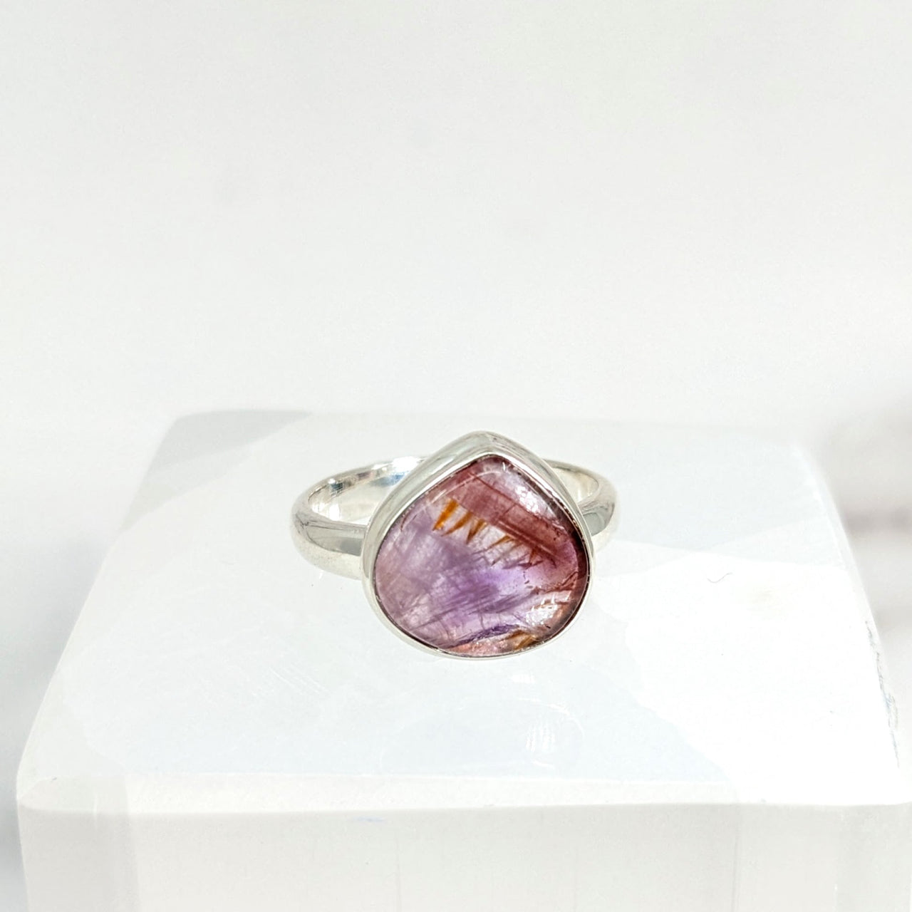 Pink Tourmaline Stone Ring - Super 7 S.S. Teardrop Ring Sz. 7 #LV1732 on White Surface