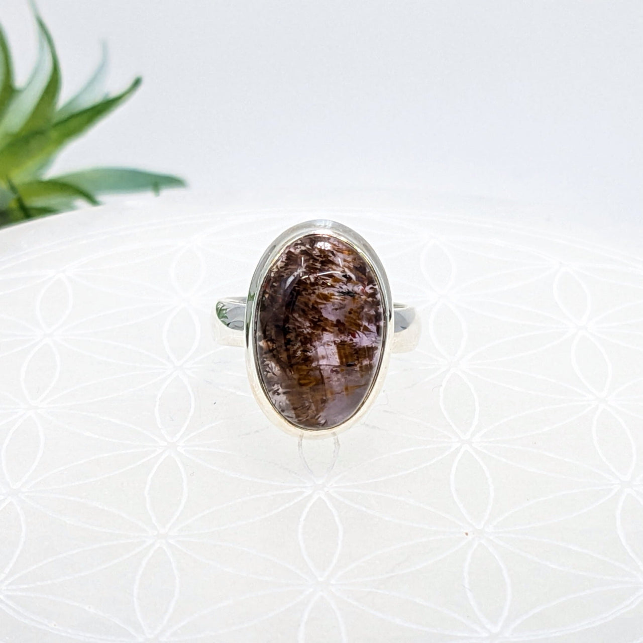 Sterling silver oval ring with brown rutilated quartz stone in Super 7 Sz 5 S.S. design