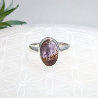 Thumbnail for Silver oval ring with a purple-brown gemstone in a simple band design, Super 7 Sz 8.75