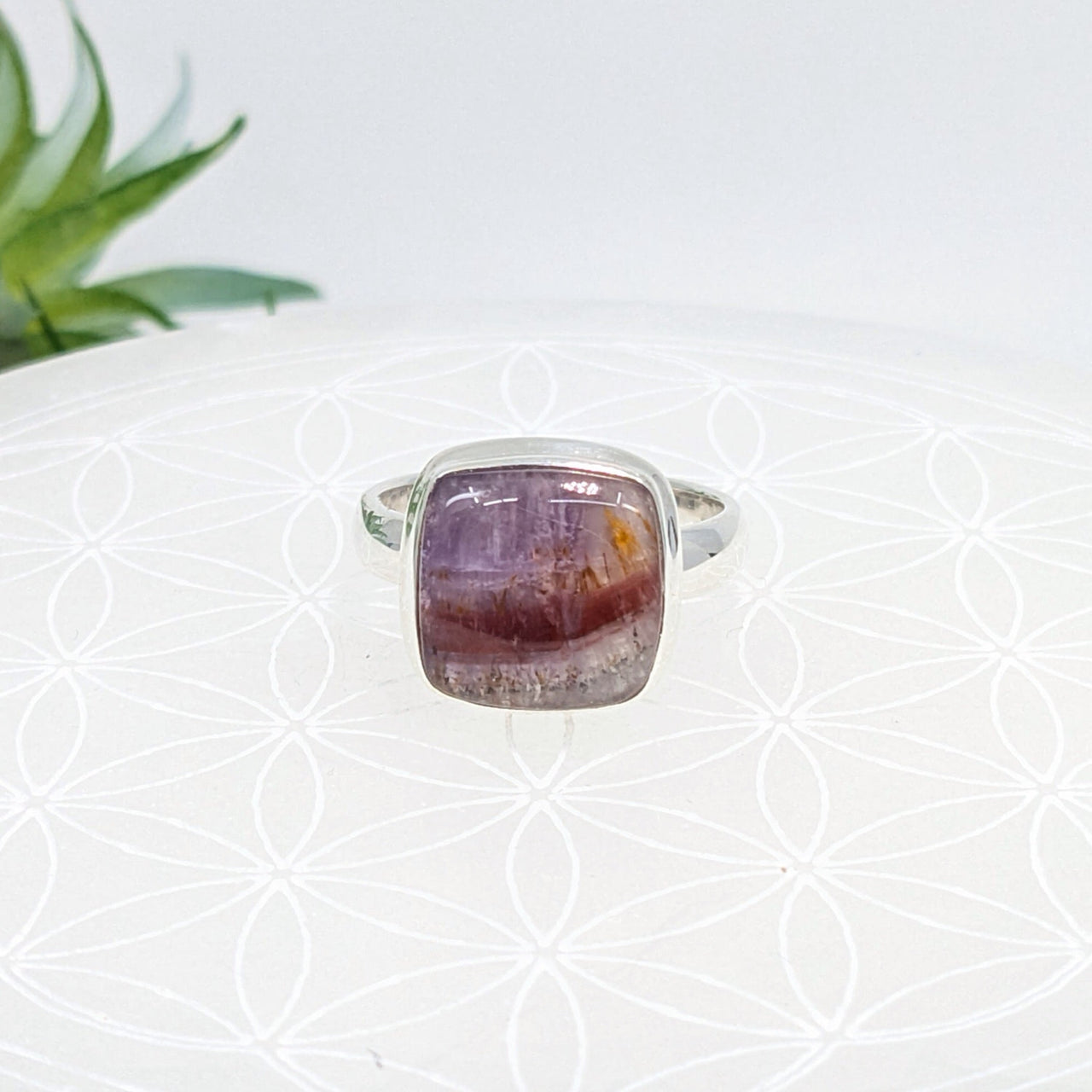 Sterling silver square ring with square-cut purple amethyst stone, Super 7 Sz 8