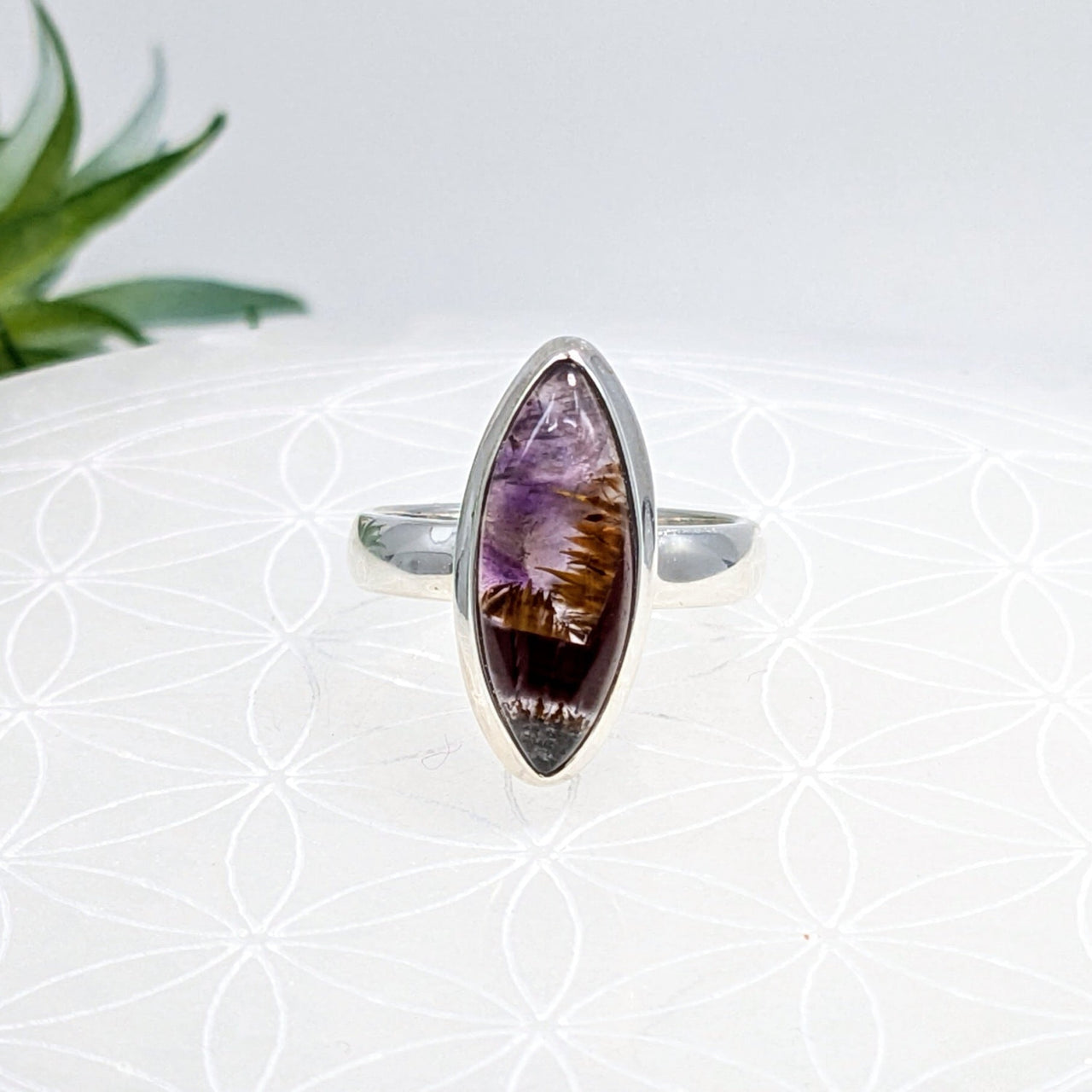 Sterling silver marquis ring with marquise amethyst and brown inclusions, Super 7 Sz 7