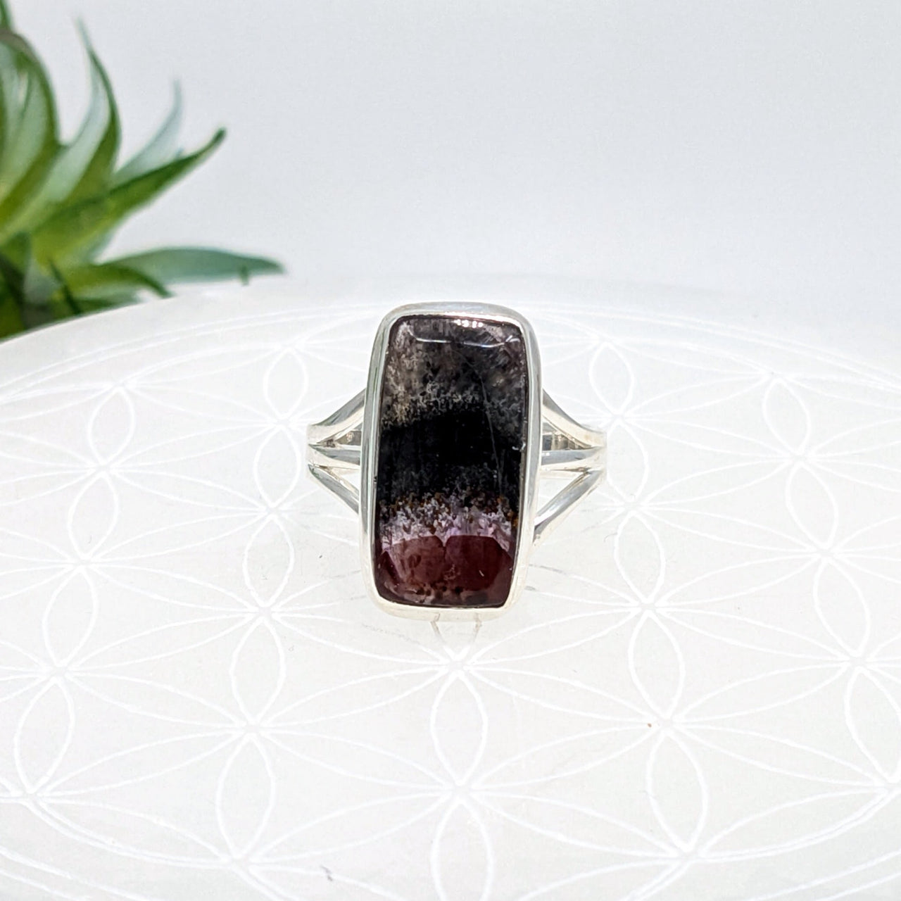 Sterling silver rectangle ring with pink and black rectangular tourmaline gemstone