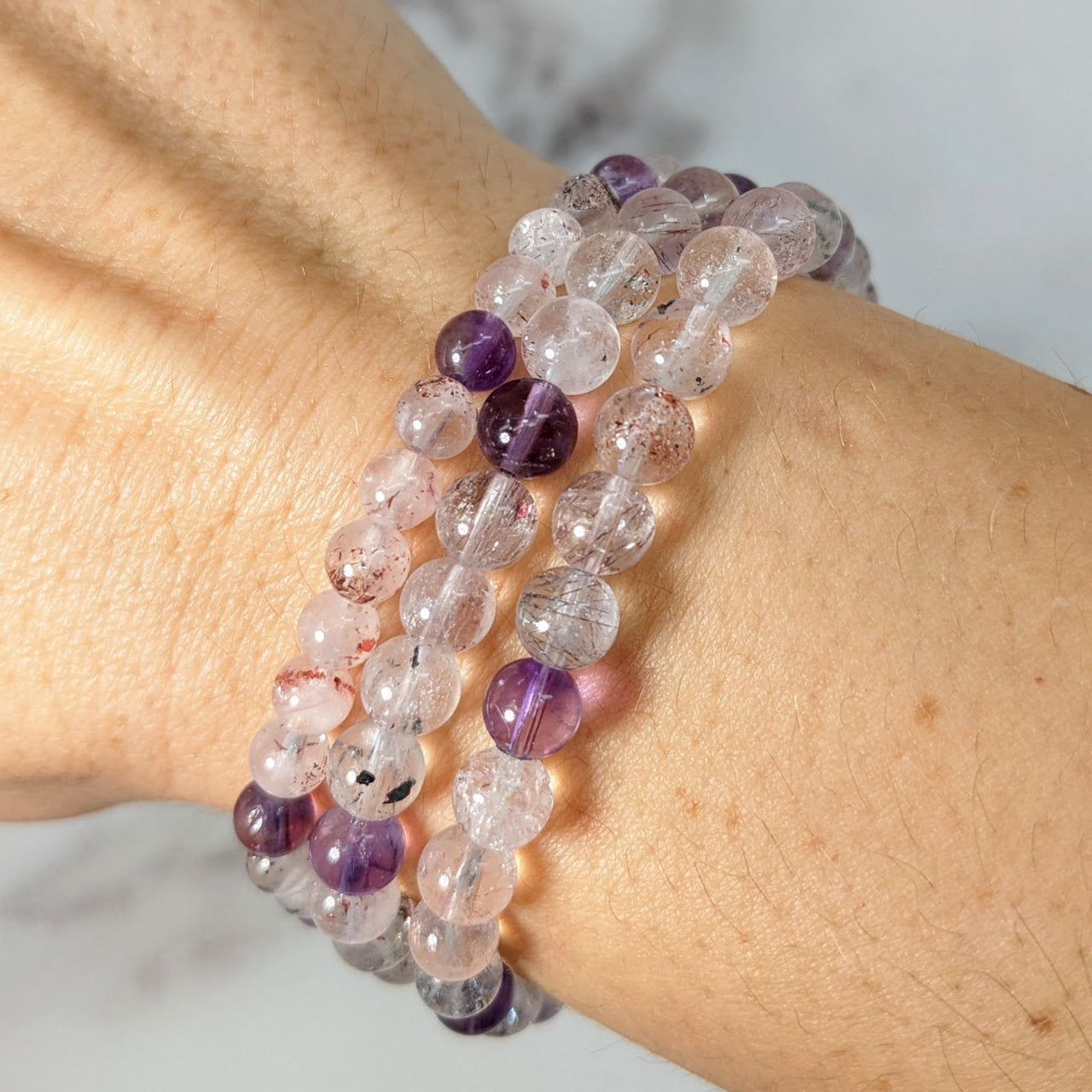 Multi-strand beaded Super Seven Bracelet 6mm with clear quartz and purple amethyst crystals