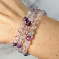 Multi-strand beaded Super Seven Bracelet 6mm with clear quartz and purple amethyst crystals