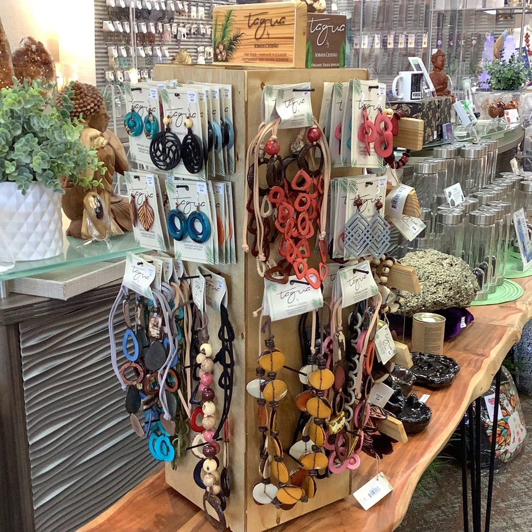 Colorful Tagua Jewelry Necklaces and Earrings display with vibrant craftsmanship