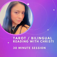 30-Minute Bilingual Tarot Reading with Christi on Purple-Blue Gradient