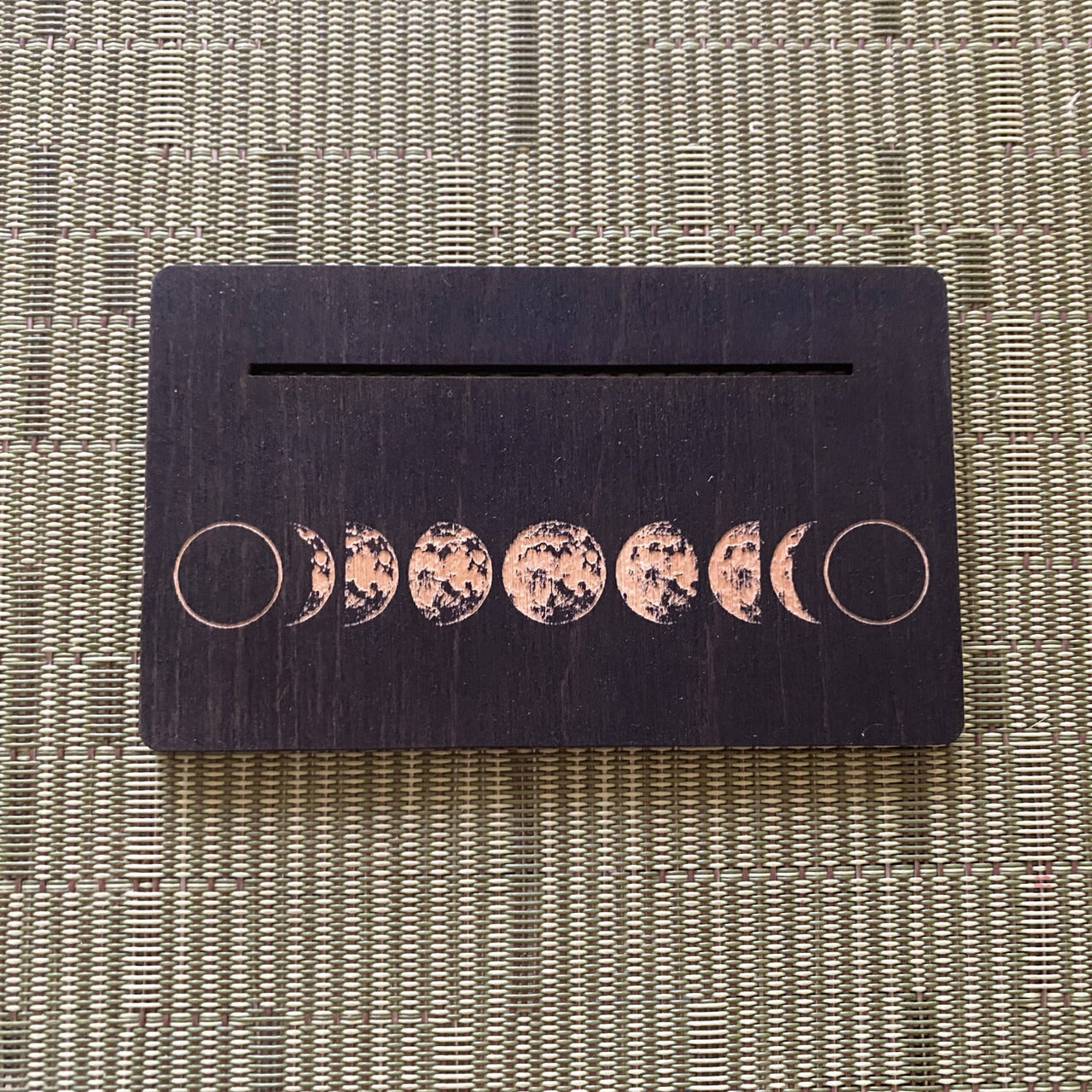 Dark wooden moon phase tarot card holder with copper inlay LV9084