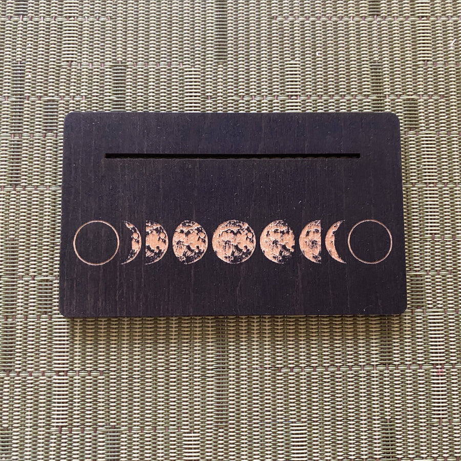 Dark wooden moon phase tarot card holder with copper inlay LV9084