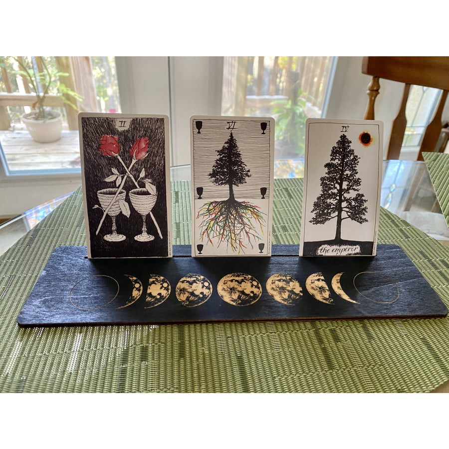 Tarot Card Holder Moon Phase LV9084 with black white tree cards on wood