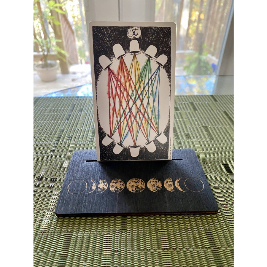 10 of Cups Tarot Card Stand with Wooden Base and Moon Phases LV9084