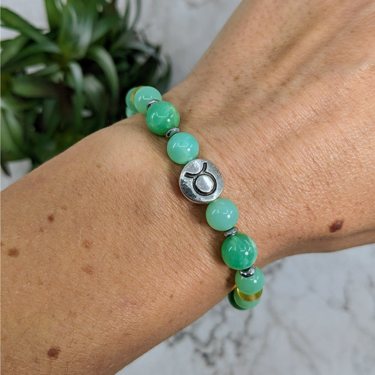 The green jade Taurus Zodiac Handmade Beaded Bracelet 7’ Astrology Sign Jewelry #LV2893