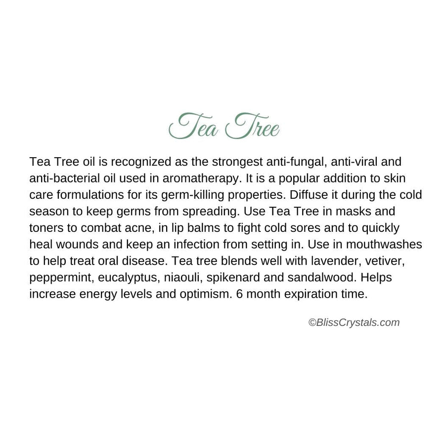 Tea Tree Essential Oil Info Card showcasing anti-aging and antibacterial properties
